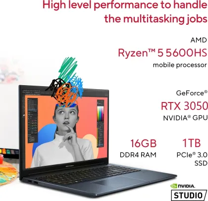 Asus Vivobook Pro 15 M6500QC-HN551WS Laptop (AMD Ryzen 5 5600HS/ 16 GB RAM/ 1 TB SSD/ Win 11/ 4 GB Graphics)