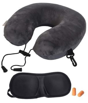Store2508 Velvet, Cotton Memory Foam Travel Neck Pillow with 3D Eye Shade and Ear Plugs (Grey, Pack of One Set)