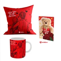 Archies Love Valentines Printed Cushion 12X12 with Filler & Printed Ceramic Coffee Mug 350 ml Microwave Safe with Beautiful Greeting Card