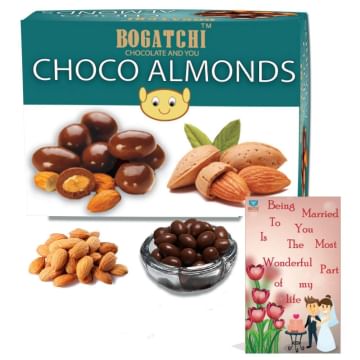 BOGATCHI Happy Anniversary Gifts, Chocolate Coated Almonds (100g) + FREE Anniversary Greeting Card