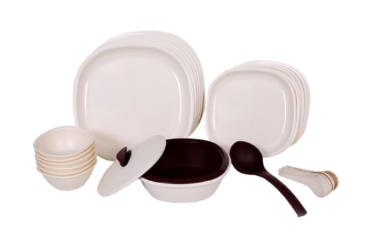 Signoraware Double Wall Square Dinner Set, 27-Pieces, Off White/Maroon