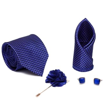 Axlon Men Formal/Casual Jacquard Neck Tie Pocket Square Accessory Gift Set with Cufflinks and Lapel Pin - Navy Blue (Free Size)