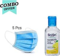 5Pc Blue Surgical Mask (Band Type) + 60ml Sri Sri Swatchh Hand sanitizer