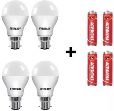 Eveready 10 W Round B22 LED Bulb  (White, Pack of 4) With 4 Eveready Batteries