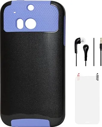 DMG Dual Layer Hard Back Cover with Soft Skin for HTC One M8 (Black-Purple) + Black Earphones + Matte Screen