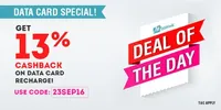 Get 13% Cashback on Prepaid & Postpaid Datacard Recharge of Rs. 100 or More