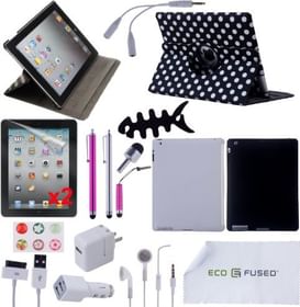 22 pcs iPad 3 Accessory Bundle / 360 Polka Dot Designer Leather Case /Grey TPU Case / Black Silicone Case / Earphones / 4 Pink and Silver Stylus pens! / Chargers for iPad 3 - ECO-FUSED Microfiber Cleaning Cloth Included - And MORE! Also compatible with iPad 2 (Polka dot)