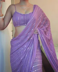 Nena Fashion Embroidered Daily Wear Georgette Saree (Purple)