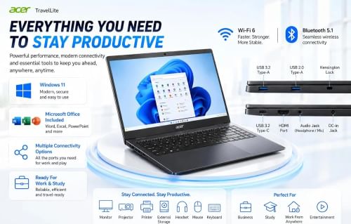 Acer Travel Lite 15 TL05-41M Laptop (AMD Ryzen 5 7430U/ 8GB/ 512GB SSD/ Win11)