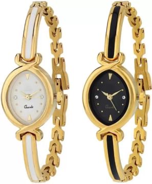 Combo Pack 2 Designer Stylish White-Black Dial Golden Bangle Watch For Girls & Women Watch