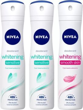Nivea Whitening Sensitive Deodorant & Whitening Smooth Deodorant Body Spray For Women  (450 ml, Pack of 3)
