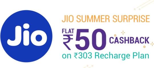 Flat Rs. 50 Cashback on Jio Recharge of Rs. 303