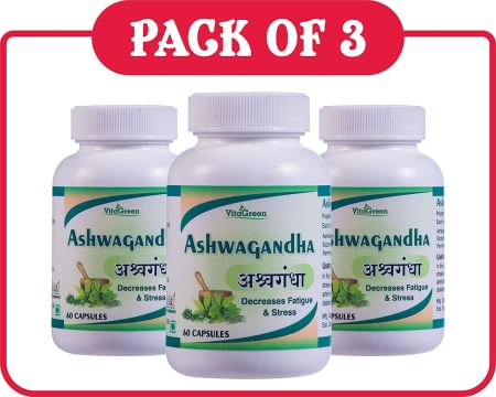 VitaGreen Ashwagandha Capsules 500 mg, Pack of 3 (180 Count)