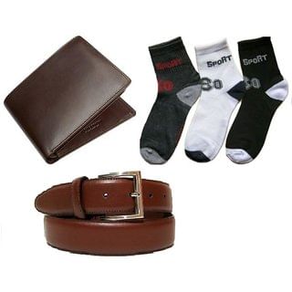RK Combo Of 3 Pair Ankle Socks + Brown Leatherite Bi-fold Wallet + Brown Belt (Synthetic leather/Rexine)