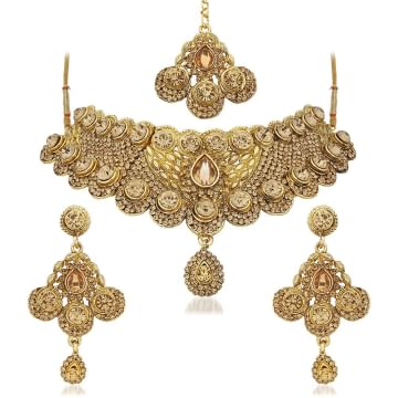 Flat 95% OFF: Apara Bridal Anitque Gold Plated Necklace Set and maang Tikka with LCT Stones for Women
