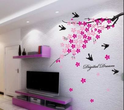 Decals Design StickersKart Wall Stickers Pink Flower Branch with Birds (Multi-Colour)