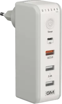 GM Cuba 18W Type A & Type C 4-Port Fast Charger (Adapter Only, 180 Degree Plug Rotation, White)