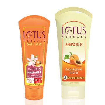 Lotus Herbals Safe Sun Uv Screen Mattegel Pa+++ Spf-50, 50g with Apriscrub Fresh Apricot Scrub 60g