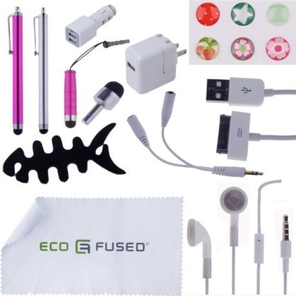 22 pcs iPad 3 Accessory Bundle / 360 Polka Dot Designer Leather Case /Grey TPU Case / Black Silicone Case / Earphones / 4 Pink and Silver Stylus pens! / Chargers for iPad 3 - ECO-FUSED Microfiber Cleaning Cloth Included - And MORE! Also compatible with iPad 2 (Polka dot)