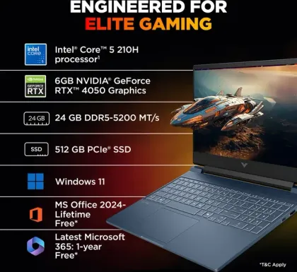 HP Victus 15-fa2508TX Gaming Laptop (Intel Core 5 210H/ 24GB/ 512GB SSD/ Win11/ 6GB RTX4050)